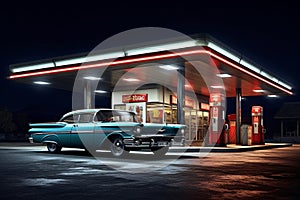 retro car at a retro gas station at night. AI Generated.