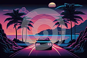 Retro car on road at night with neon 80s style