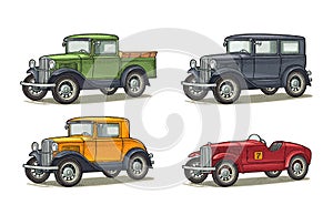 Retro car sedan, coupe, roadster and pickup truck. Vintage engraving