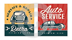 Retro Car Service and Repair Vintage Style Design Vector Template