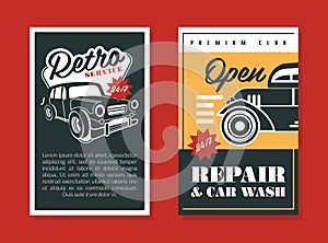 Retro Car Service and Repair Vintage Style Design Vector Template