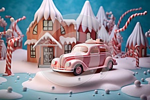 retro car snow gift festive candy winter merry holiday christmas. Generative AI.