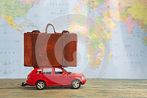 Retro car with suitcases on map. Summer vacation concept