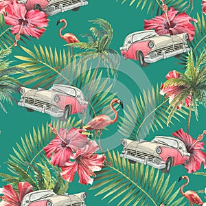 Retro car with tropical palm leaves, red hibiscus flowers and pink flamingo. Watercolor illustration. Seamless pattern