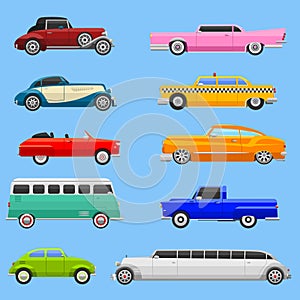 Retro car vehicle transport collection retro old fashion style vector illustration.