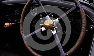 Retro car, vintage steering wheel clock, wooden