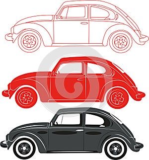 retro car Volkswagen Beetle 1966 in grey, red and outline