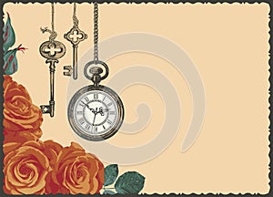 Retro card with beautiful roses, watch and keys
