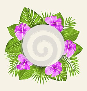 Retro Card with Purple Hibiscus Flowers and Green Tropical Leaves