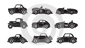 Retro cars silhouettes. Historical vintage urban transport garish vector vehicles black stylized symbols collection