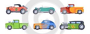 Retro cars. Tuning old vintage vehicles stylish fast models garish vector cars collection isolated