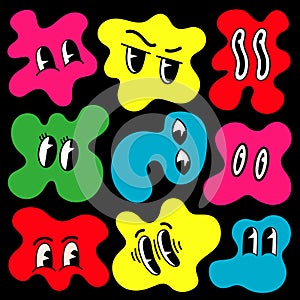 Retro cartoon amoeba shape funny faces. Groovy vintage 30s 60s 70s minimalistic faces with various emotions on abstract