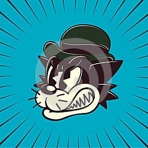 Retro cartoon angry stray cat character grinding teeth