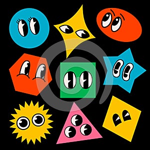 Retro cartoon brutalist shape funny faces. Groovy vintage 30s 60s 70s minimalistic faces with various emotions on