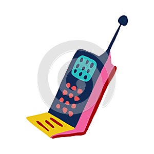 Retro cartoon cellular telephone with antenna, old phone symbol