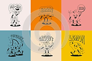 Retro Cartoon Character Fruit Poster Set. Vector Comic Illustration with Banana, Cherry, Lemon, Strawberry, Watermelon