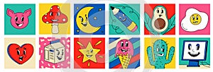 Retro cartoon characters. Abstract doodle stickers with 30s 40s 50s clipart faces. Square banners. Plants and food. Love