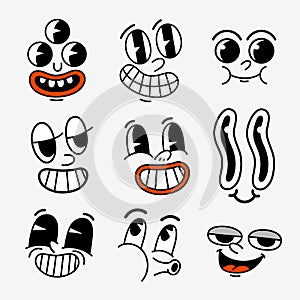 Retro cartoon characters funny faces. Groovy vintage 30s 60s 70s smiley faces mascots with various emotions