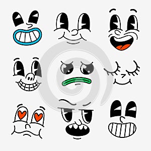 Retro cartoon characters funny faces. Groovy vintage 30s 60s 70s smiley mascots with various emotions