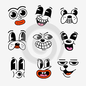 Retro cartoon characters funny faces. Groovy vintage 30s 60s 70s smiley mascots with various emotions