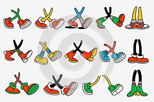 Retro cartoon characters legs. Groovy vintage 30s 60s 70s various feet in different positions and shoes.