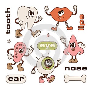 Retro cartoon characters made of Different Parts of Human Face. Facial organs - eye, lips, nose, tooth and ear. Body