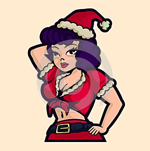 Retro cartoon christmas pinup woman in santa claus costume vector illustration