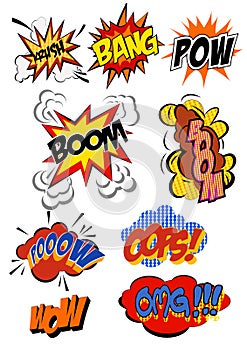 Retro cartoon explosion pop art comic set. Vector