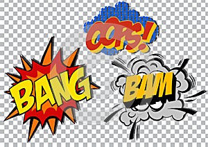 Retro cartoon explosion pop art comic set. Vector