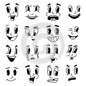 Retro cartoon faces. Fanny mascot emotions from cartoons. 30s 40s 50s hand drawn facial expressions. Emotional