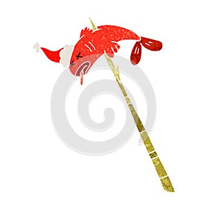 retro cartoon of a fish speared wearing santa hat