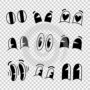 Retro cartoon funny eyes. Groovy vintage 30s 60s 70s eyes with various emotions