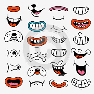 Retro cartoon funny mouths. Groovy vintage 30s 60s 70s smiley mouths with various emotions