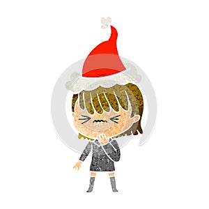 retro cartoon of a girl regretting a mistake wearing santa hat