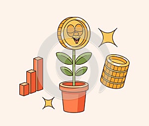 Retro Cartoon Groovy Money Tree Or Potted Plant Character With Jazzy Vibes And Funny Smiling Face. Business Personage photo
