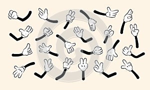 Retro cartoon hands. Cute comic character arms and fingers, glove with pointers and thumbs up gestures. Vector isolated