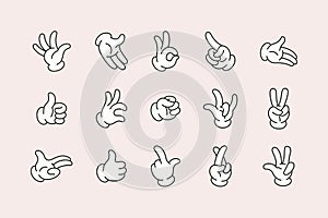 Retro Cartoon Hands Set in Different Gestures Showing Ok Sign, Pointing Fingers, Thumb Up, Rock sign, High Five. Vector