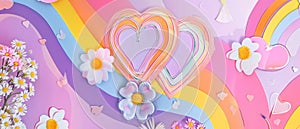 Retro cartoon heart characters with rainbows and clouds on pink background with groovy hippie Valentine's Day