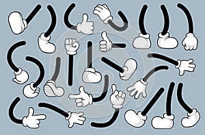 Retro cartoon legs, arms gestures and hands poses. Comic funny character foot in shoes walking and hands in glove. Animation