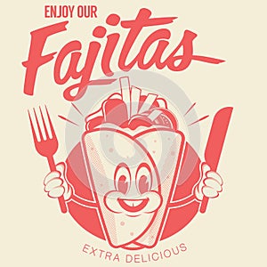 Retro cartoon logo with happy fajita