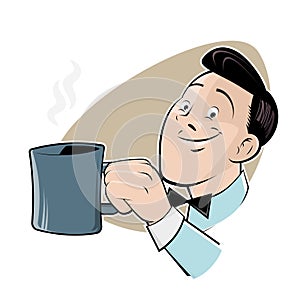 Retro cartoon man with a cup of coffee