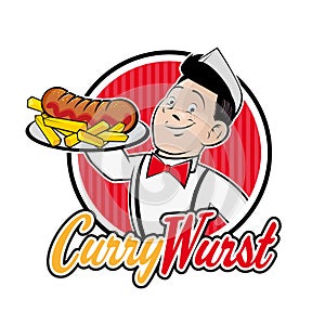 Retro cartoon man with german currywurst