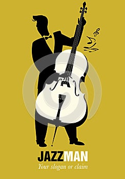 Retro cartoon music. Double bass player playing song. Musical no