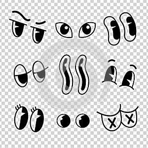 Retro cartoon old animation eyes. Groovy vintage 30s 60s 70s eyes with various emotions