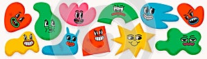 Retro cartoon organic shape funny faces. Groovy vintage 30s 60s 70s minimalistic faces with various emotions on abstract