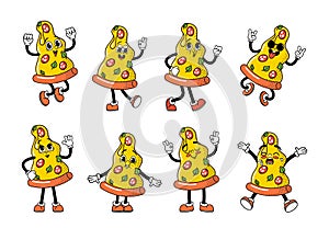 Retro Cartoon Pizza Slice Emojis. Cheerful, Triangular Character With Smiling Face, Pepperoni And A Cheesy Grin