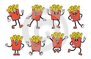 Retro Cartoon Potato Fries Character Emoji Set. Funny Personage Sporting Shades And Cool Grin, Smile and Meditate