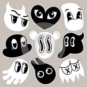 Retro cartoon simple shape funny faces. Groovy vintage 30s 60s 70s minimalistic faces with various emotions on abstract