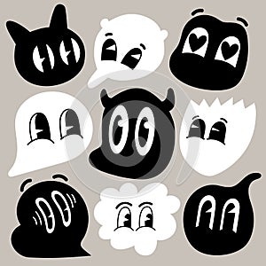 Retro cartoon simple shape funny faces. Groovy vintage 30s 60s 70s minimalistic faces with various emotions on abstract