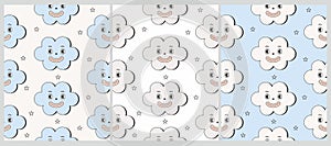 Retro Cartoon Style Baby Shower Seamless Vector Pattern with Smiling Clouds.